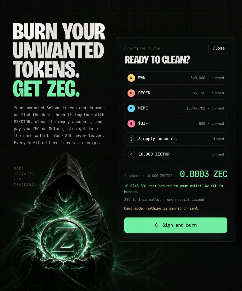 ZecIncinerator's tweet photo. Your unwanted tokens can do more.

Burn the dust.
Clean your wallet.
Get $ZEC.

Simple as that. https://t.co/HFKvOlv6Br