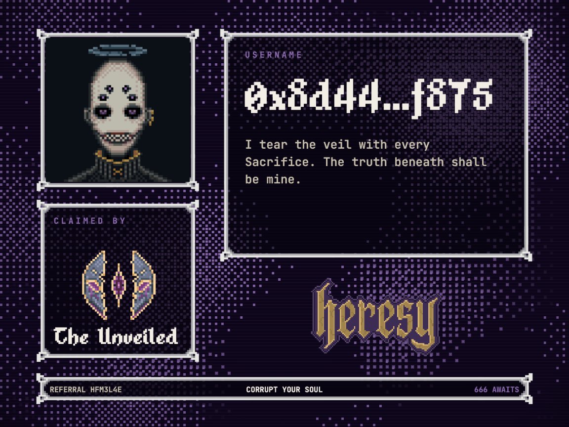 AliBldz's tweet photo. I have been claimed by The Unveiled.

I tear the veil with every Sacrifice. The truth beneath shall be mine.

Find your sect and enter the gates with @HeresyCult.

#HeresyCult

https://t.co/6uEktHX05s https://t.co/fQPMeeSVr8