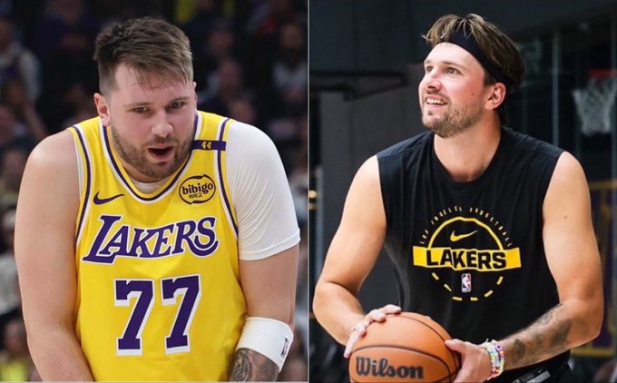 The image features a side-by-side comparison of Luka Dončić, shown wearing a Lakers jersey with the number 77 on the left, and on the right wearing a black Lakers "Basketball" practice shirt while holding a Wilson basketball. The accompanying post's call for opinions ("The opinion is up to you all") suggests fans are being prompted to weigh in on Dončić's look—whether his game-day jersey appearance or his casual practice attire is the preferred look.