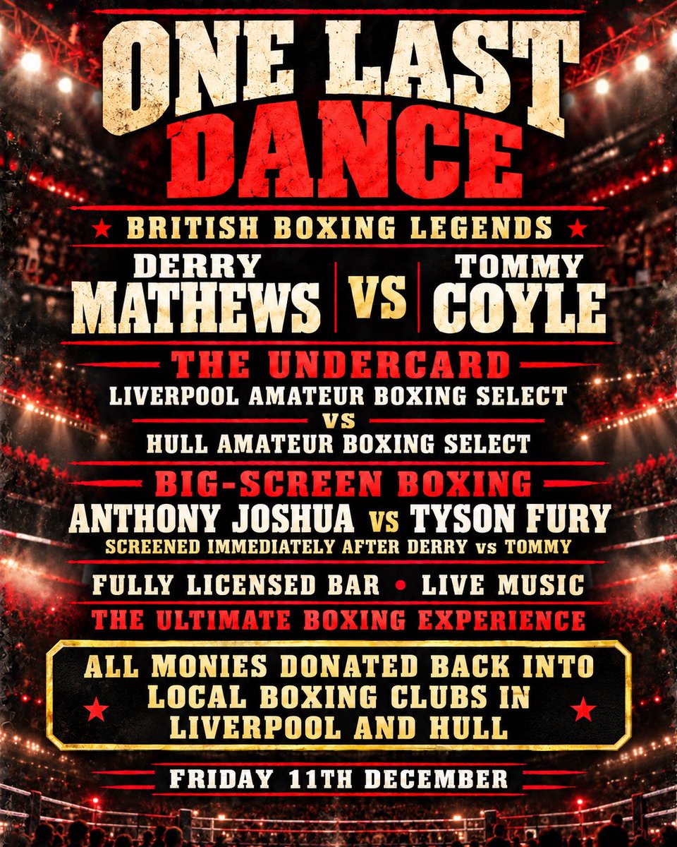 TommyCoyle89's tweet photo. ONE LAST DANCE IN HULL!

Repeat or revenge? Let’s see what we’ve both got left in the basement and raise some serious funds for Boxing clubs in Liverpool and Hull.

Tickets go on sale next week. The perfect Christmas night out: a quality undercard, live music and, of course, Britain’s hugely anticipated Heavyweight fight—AJ vs Fury—screened on the big screen.

A fabulous night guaranteed for a fabulous cause.