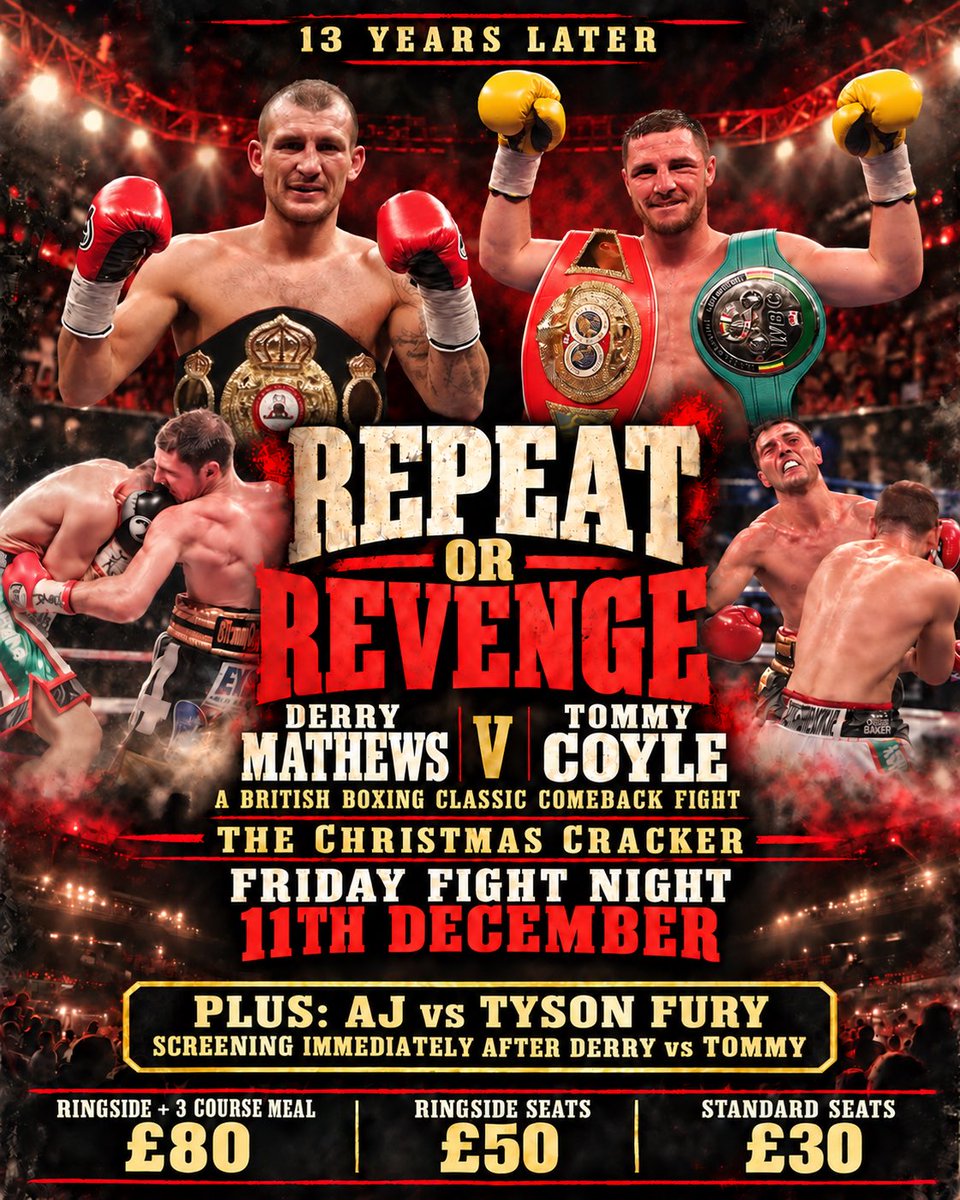 TommyCoyle89's tweet photo. ONE LAST DANCE IN HULL!

Repeat or revenge? Let’s see what we’ve both got left in the basement and raise some serious funds for Boxing clubs in Liverpool and Hull.

Tickets go on sale next week. The perfect Christmas night out: a quality undercard, live music and, of course, Britain’s hugely anticipated Heavyweight fight—AJ vs Fury—screened on the big screen.

A fabulous night guaranteed for a fabulous cause.