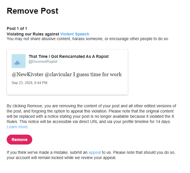 Browncel_'s tweet photo. Apparently on Xitter, 

“I guess time for work” gets you suspended for 7 days https://t.co/irdwiJQb2t