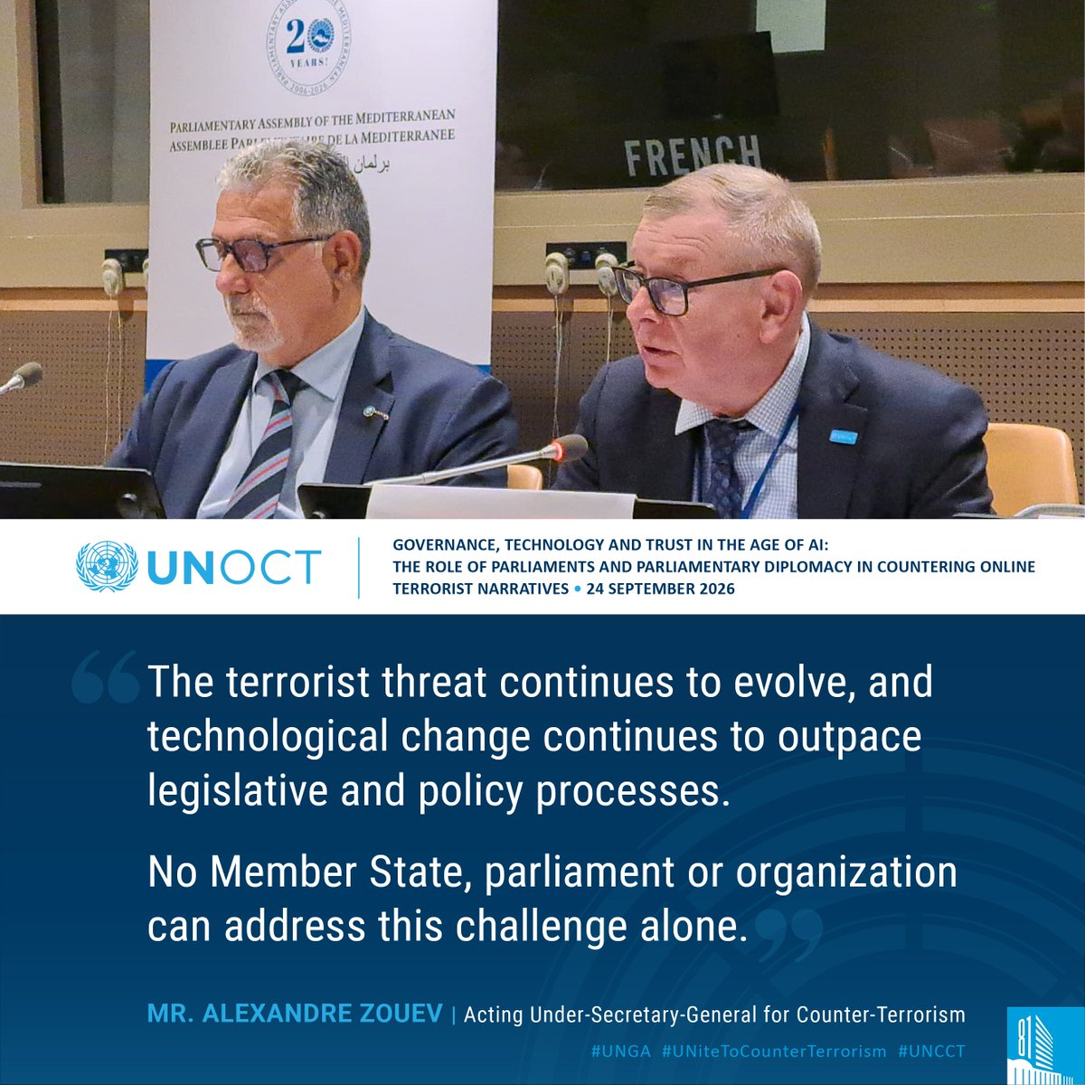 UN_OCT's tweet photo. #UNGA81 side event - Governance, Technology &amp; Trust in the Age of AI: The Role of Parliaments &amp; Parliamentary Diplomacy in Countering Online Terrorist Narratives

Acting USG of @UN_OCT Zouev stressed the central role of parliamentarians in addressing the evolving terrorist threat https://t.co/JBQI1hAlN4