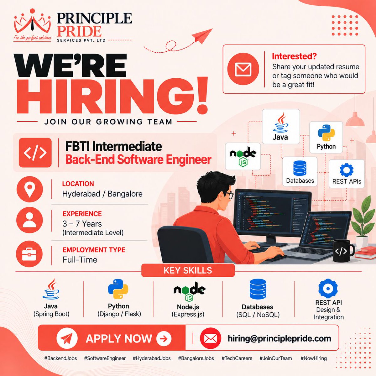 PridePrinciple's tweet photo. 🚀 We’re Hiring!
Join Principle Pride as an FBTI Intermediate Back-End Software Engineer 💻
📍 Hyderabad / Bangalore | 💼 3–7 Years Experience

📩 Apply: hiring@principlepride.com

#Hiring #BackendJobs #SoftwareEngineer #HyderabadJobs #BangaloreJobs #TechCareers #JavaJobs #Python https://t.co/L0ZTmZ1TWW