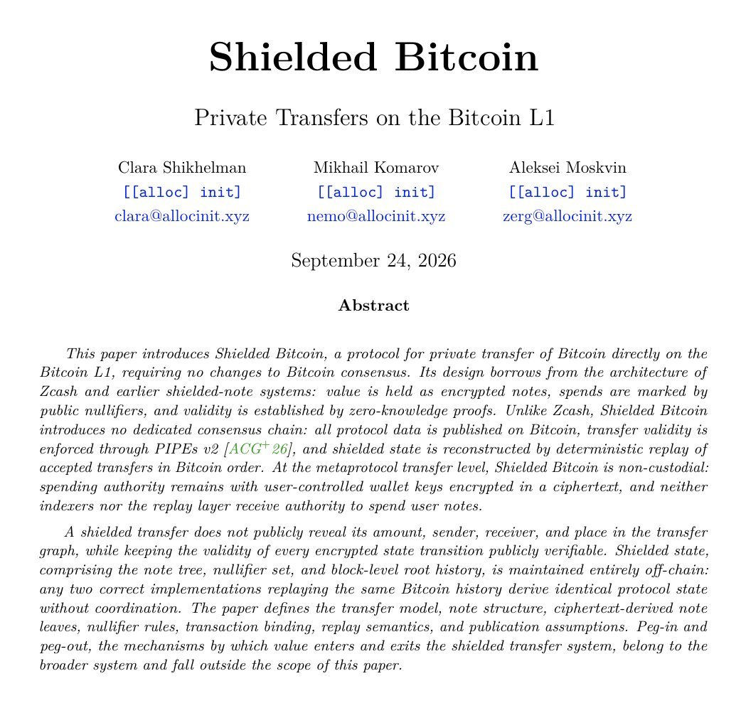 SimplyBitcoin's tweet photo. NEW: Researchers unveil “Shielded Bitcoin,” a design for private Bitcoin transfers directly on L1.

No soft fork.
No bridge.
No separate consensus chain.

Yeah, this could be a very big deal. https://t.co/xB6lsqaiUc
