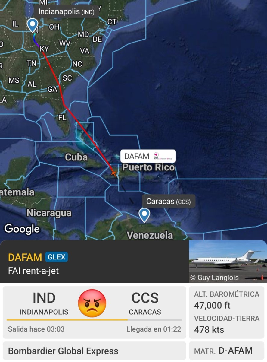 Arr3ch0's tweet photo. FAI Rent-a-Jet D-AFAM en aparente vuelo de reposicionamiento (sin pasajeros) rumbo a Caracas, procedente de Indianapolis.

Si tuviera que apostar, diría que viene a buscar la respectiva carga para refinarla en Turquía. https://t.co/ShVSqyYniz