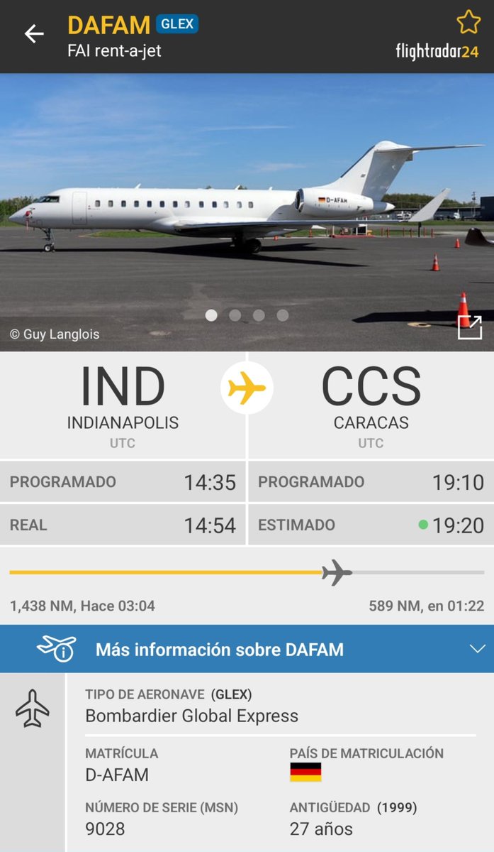 Arr3ch0's tweet photo. FAI Rent-a-Jet D-AFAM en aparente vuelo de reposicionamiento (sin pasajeros) rumbo a Caracas, procedente de Indianapolis.

Si tuviera que apostar, diría que viene a buscar la respectiva carga para refinarla en Turquía. https://t.co/ShVSqyYniz