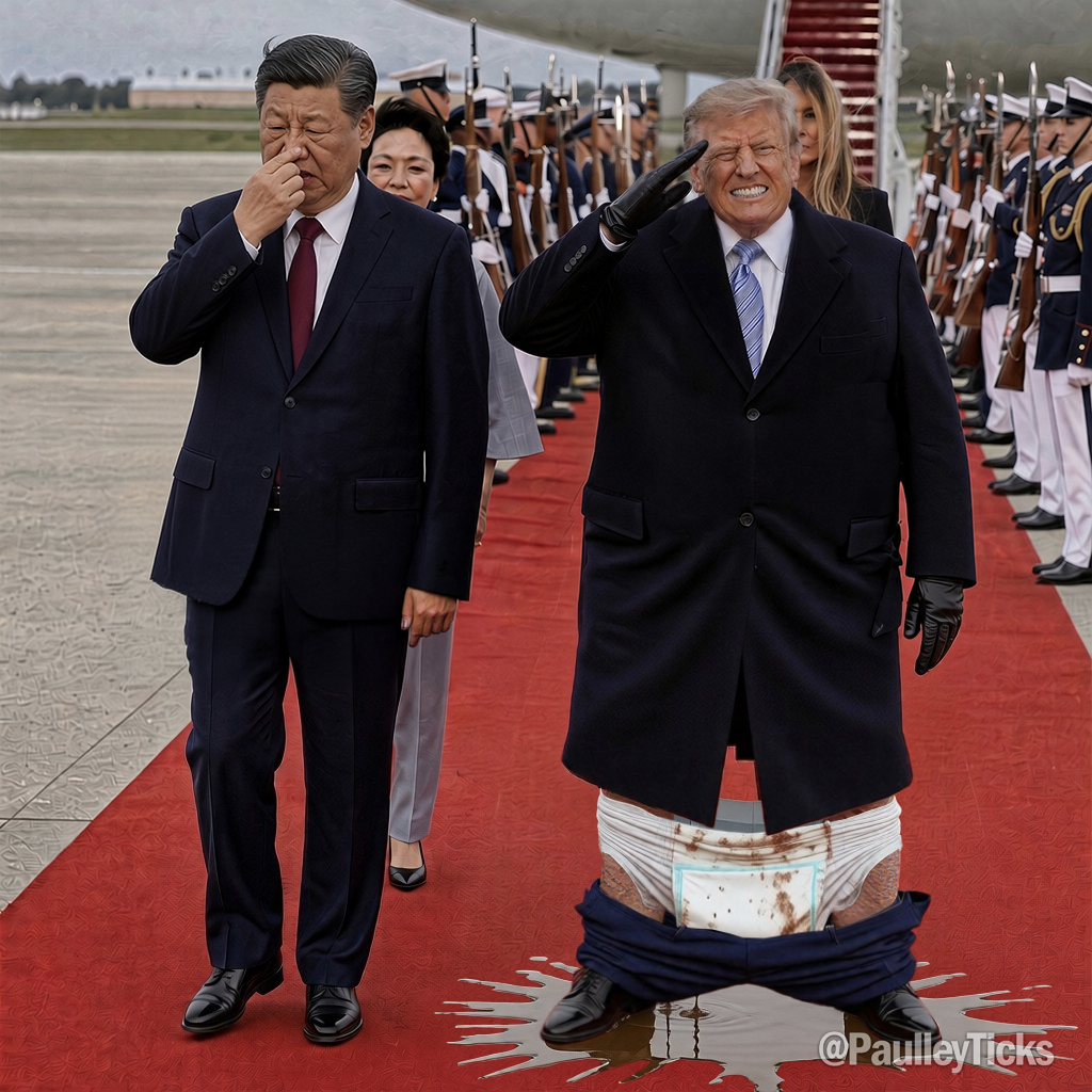 PaulleyTicks's tweet photo. During yesterdays military 'flyover' to welcome President Xi Jinping to Washington, President Trump experienced a sonic boom in his pants.

#DonaldTrump https://t.co/M4u40sF9FD