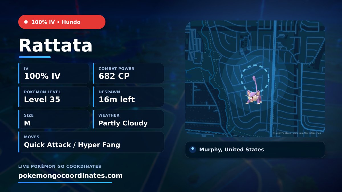 CoordsPokemonGo's tweet photo. Rattata Wild Spawn
💯% IV • 682 CP • Level 35
Size: M
Moves: Quick Attack/Hyper Fang
Weather: Partly Cloudy
Despawns in 16m
📍 33.020726,-96.597986
#PokemonGO • #PoGo • #Rattata https://t.co/dFtAjf6sTD