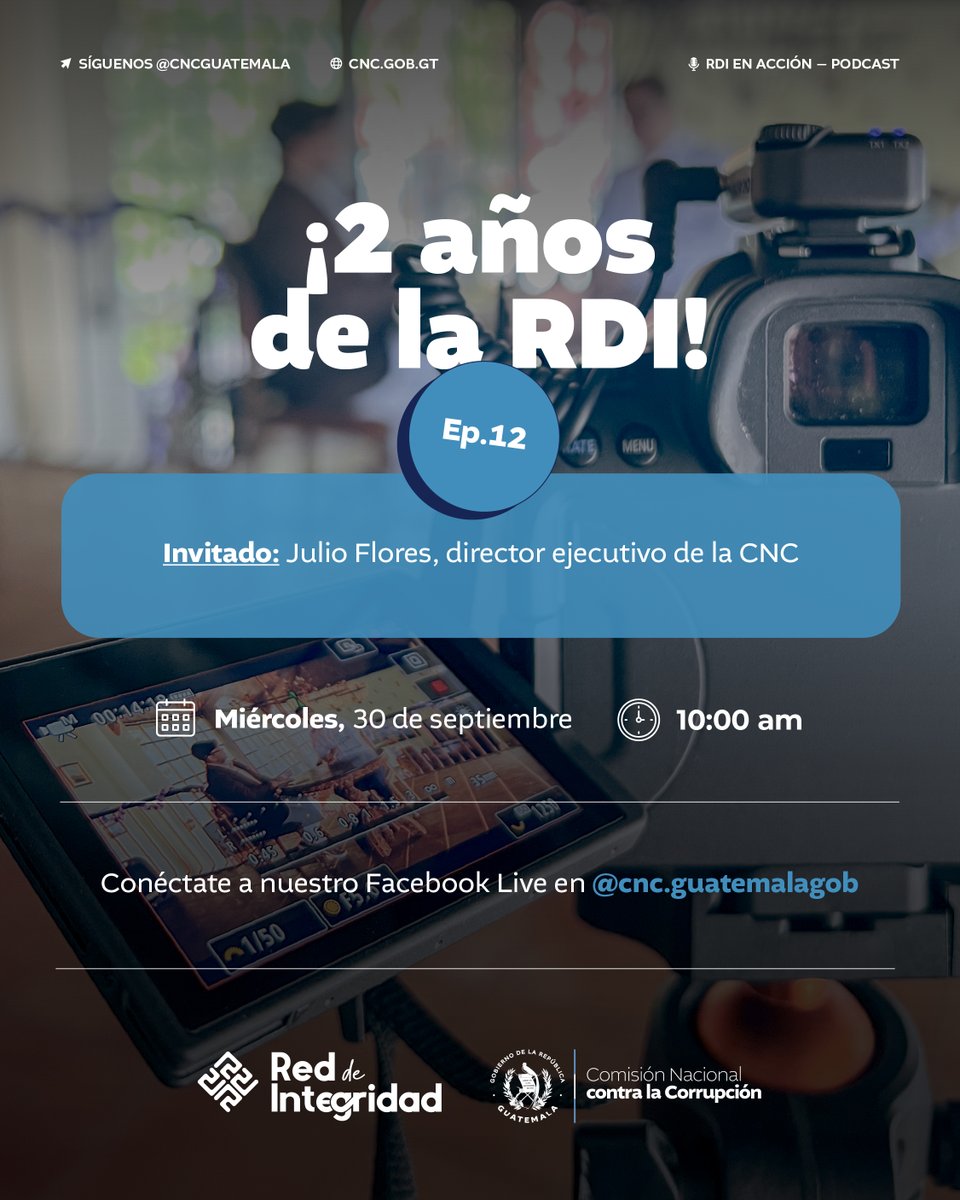 CNCguatemala's tweet photo. ✨ ¡2 años de la RDI!

🎙️ Este miércoles 30 de septiembre, a las 10:00 a. m., acompáñanos en un episodio especial del podcast “RDI en Acción”.

👔 En esta ocasión, conversaremos con Julio Flores, director ejecutivo de la CNC.

📲 Conéctate a nuestro Facebook Live y sé parte de esta conversación.

🔗 Activa tu recordatorio en el siguiente enlace ➡️ https://t.co/DTMKrBm4zt