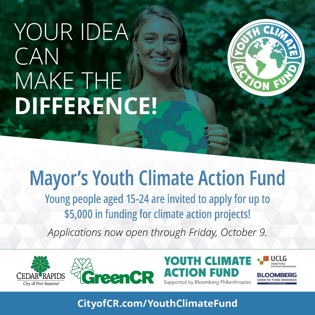 CityofCRiowa's tweet photo. Your idea matters. 🌍

The Youth Climate Action Fund lets young people apply for up to $5,000 to support projects that protect nature, reduce waste, brighten public spaces, and strengthen neighborhoods.

Apply at https://t.co/smjDV2F2ig https://t.co/Ikv2auVH06