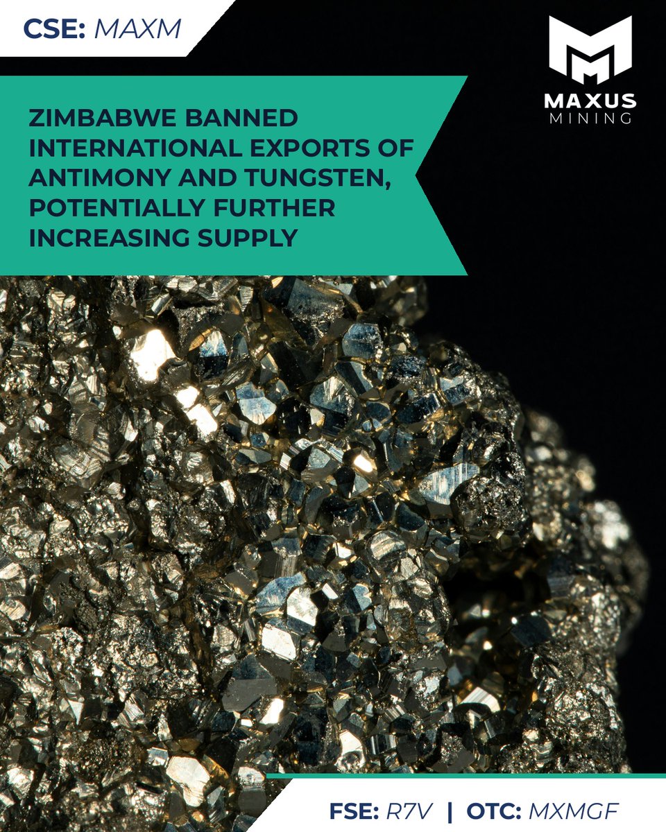 MaxusMining's tweet photo. Zimbabwe just banned antimony and tungsten exports in all forms, pushing local processing over raw ore shipments. 📈📊

Learn more about our Lotto Tungsten project: https://t.co/hqc18c3Qrm

$MAXM

#MaxusMining #Mining #MiningNews #Tungsten

Source: https://t.co/W2iF337Epx https://t.co/IHqYmjYH6e