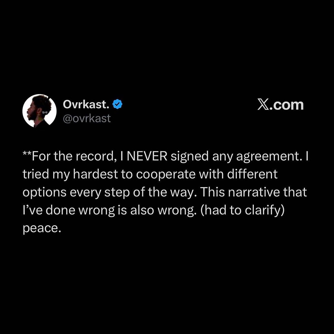 HotNewHipHop's tweet photo. Ovrkast. speaks out after getting hit with a trademark infringement lawsuit over his name, claiming that he never signed an agreement with OutKast:

"For the record, I NEVER signed any agreement. I tried my hardest to cooperate with different options every step of the way." https://t.co/VySZpzsNos