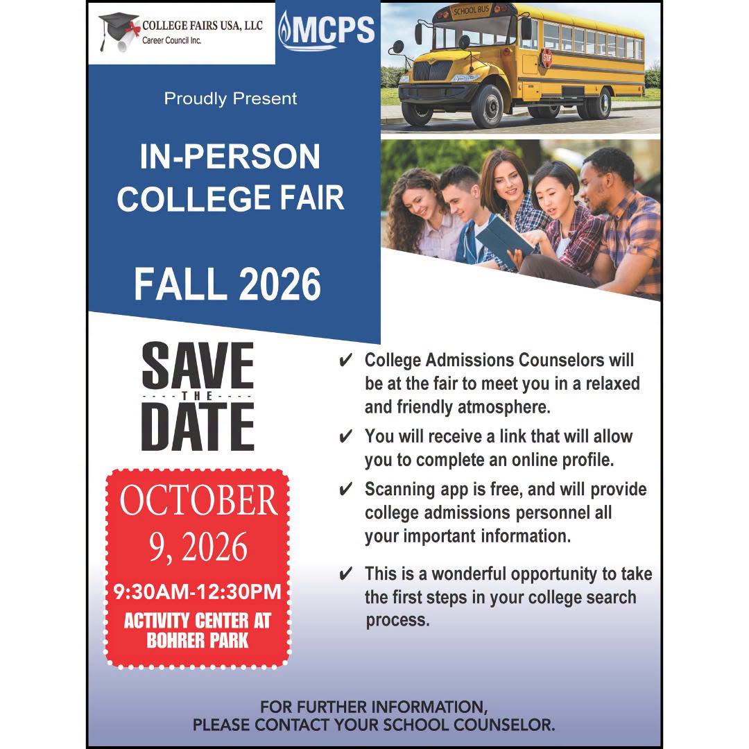 MontgomeryCoMD's tweet photo. High school juniors and seniors: Explore your future at the MCPS College Fair! Join us Friday, Oct. 9, from 9:30 a.m.–12:30 p.m. at Bohrer Park in Gaithersburg. 

Students, contact your school counselor for details! https://t.co/aj8fQHLnj6