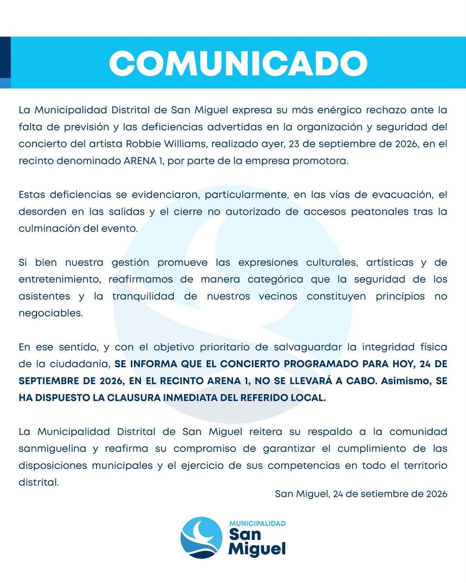 nis_7_7's tweet photo. URGENTE 🚨 

La municipalidad de San Miguel, ha decidido clausurar el local ARENA 1, por las deficiencias de organización y seguridad del concierto de Robbie Williams

En ese sentido armys; debemos apoyar y respetar todo lo indicado por los organizadores para que podamos llevar a cabo los conciertos con tranquilidad. 

Seamos el ejemplo y entre todas evitemos esto nos pueda ocurrir; apoyemos en crear conciencia.