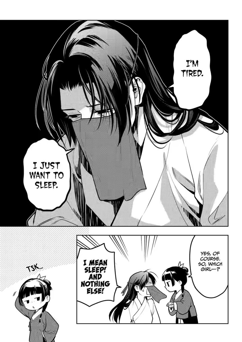 Yonaluvss's tweet photo. Apothecary diaries chapter 88 !!!!

Jinshi looked so defeated when Maomao brought in all the women for him 😭 HE JUST WANTS TO SLEEP!! And Maomao even offering the women to Gaoshun too https://t.co/WXYfXG5tUx