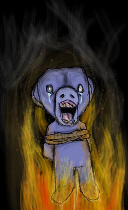 A distressed cartoon dog mascot cries while being bound by ropes and engulfed in flames, reflecting intense frustration and hostility toward the character depicted.