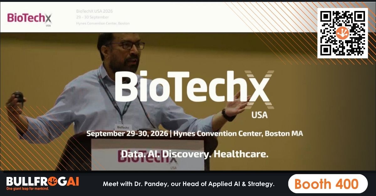 bullfrogai's tweet photo. Connect with our Head of Applied AI & Strategy during #BioTechXUSA at Booth 400, right by the Exhibit Hall entrance. Hear the latest on what he’s been working on since his talk last year. Learn firsthand what sets our tech stack apart.
#BioTechX #pharma #biotech #drugdiscovery https://t.co/eXx3xfXmih