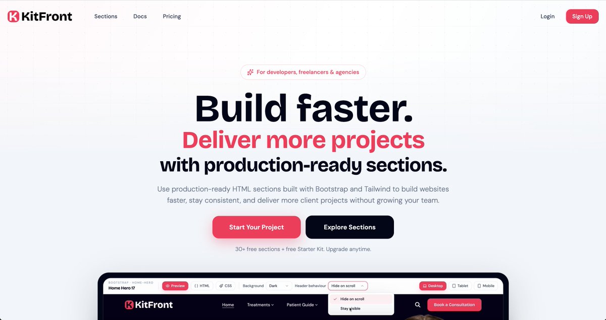 iamdeepak89's tweet photo. Day 1 — KitFront is live 🚀
After months of building, designing, testing, and tweaking, I finally shipped it.
500+ ready-to-use Bootstrap & Tailwind CSS sections to help developers build websites faster.
Visit now: https://t.co/v9bFJXjpwt
#buildinpublic #kitfront #frontend https://t.co/DuGrg6hDMX