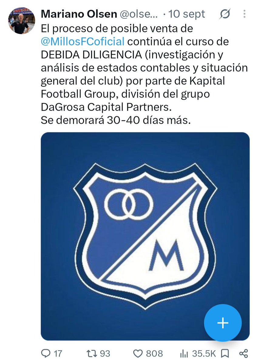 olsendeportes's tweet photo. KAPITAL FOOTBALL GROUP, división del grupo DAGROSA CAPITAL PARTNERS, tiene la exclusividad de negociación para la compra de @MillosFCoficial  hasta antes de fin de año.
Eso significa que @MillosFCoficial no negociaría con nadie más mientras se concreta o no la venta en ese plazo. https://t.co/oGsWy2Q8oR