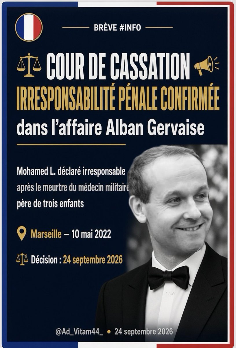 Ad_Vitam44_'s tweet photo. Ça commence à faire beaucoup 😡

🇫🇷⚖️ « La Cour de cassation confirme l’irresponsabilité pénale de Mohamed 
L., condamné après la mort d’Alban Gervaise, médecin militaire et père de trois enfants, poignardé à Marseille en 2022.

Trois expertises avaient conclu à une abolition de son discernement au moment des faits, évoquant une bouffée délirante aiguë.

La Cour a également refusé de transmettre au Conseil constitutionnel la QPC portée par la famille de la victime, qui conteste notamment la prise en compte de la consommation de cannabis et réclame une évolution de la loi.

(Selon Le Figaro), l’hospitalisation psychiatrique de Mohamed L. a par ailleurs été allégée depuis juin 2025, avec des retours à domicile certains soirs et week-ends. »
