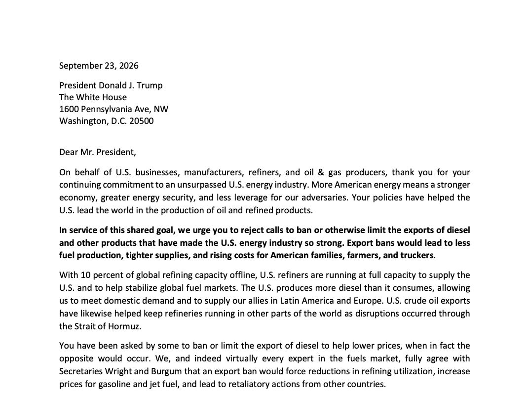 CNBC's tweet photo. The biggest business groups in the U.S. warned President Trump against a diesel export ban this week, saying in a joint letter that such an action would prove counterproductive and raise fuel prices rather than lower them.

Read the full letter here: https://t.co/iskElqJ0M8 https://t.co/9If44DxK9B