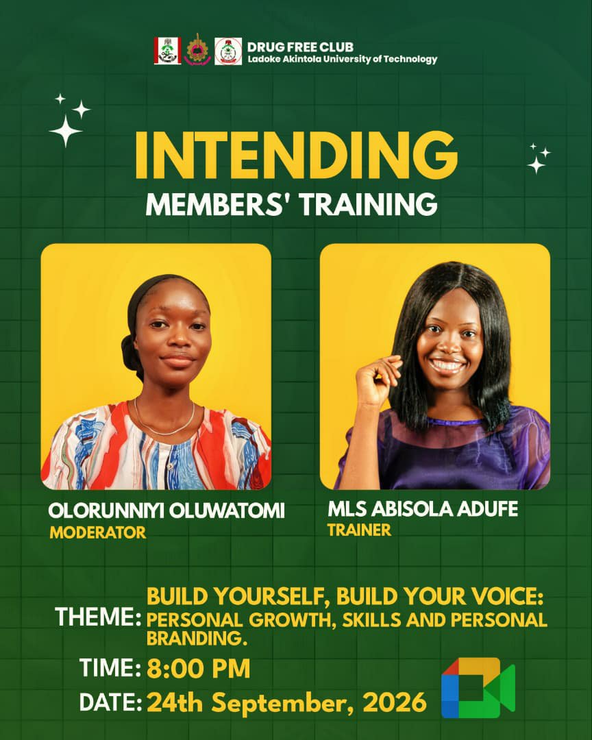 lautechdrugfree's tweet photo. Your growth deserves intention. Your voice deserves to be heard. ✨
Today, we are taking a step beyond simply being members — we are focusing on building ourselves, developing valuable skills and learning how to present who we are to the world.
#DrugFreeClub
#YouthImpact https://t.co/1oBohMwlRH
