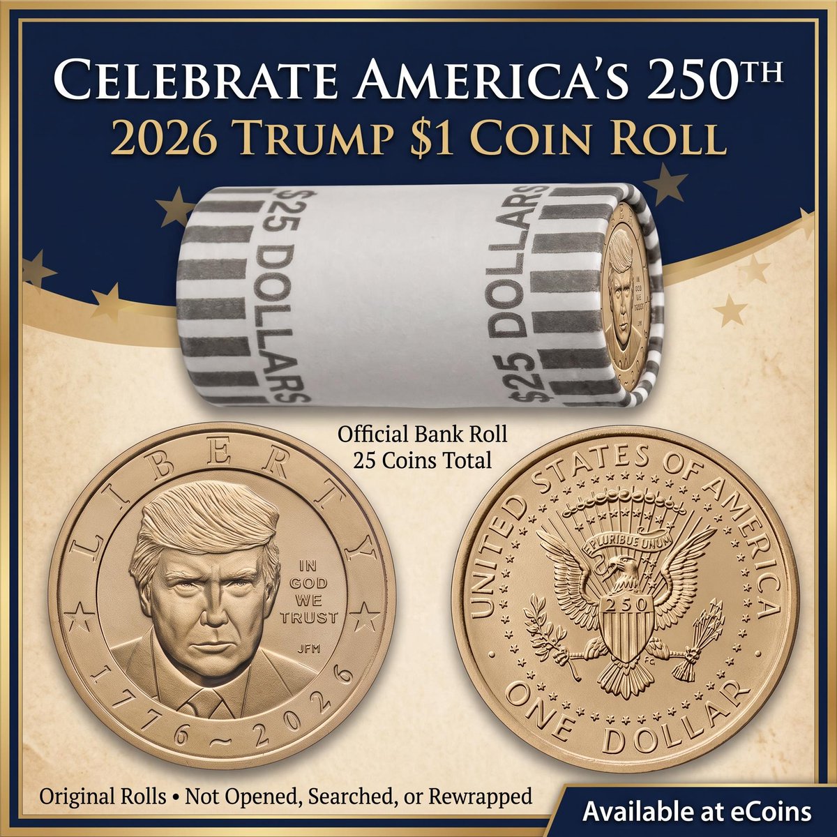 eCoins's tweet photo. Trump $1 Coin rolls are available at eCoins. Best pricing and limited edition roll wrappers!