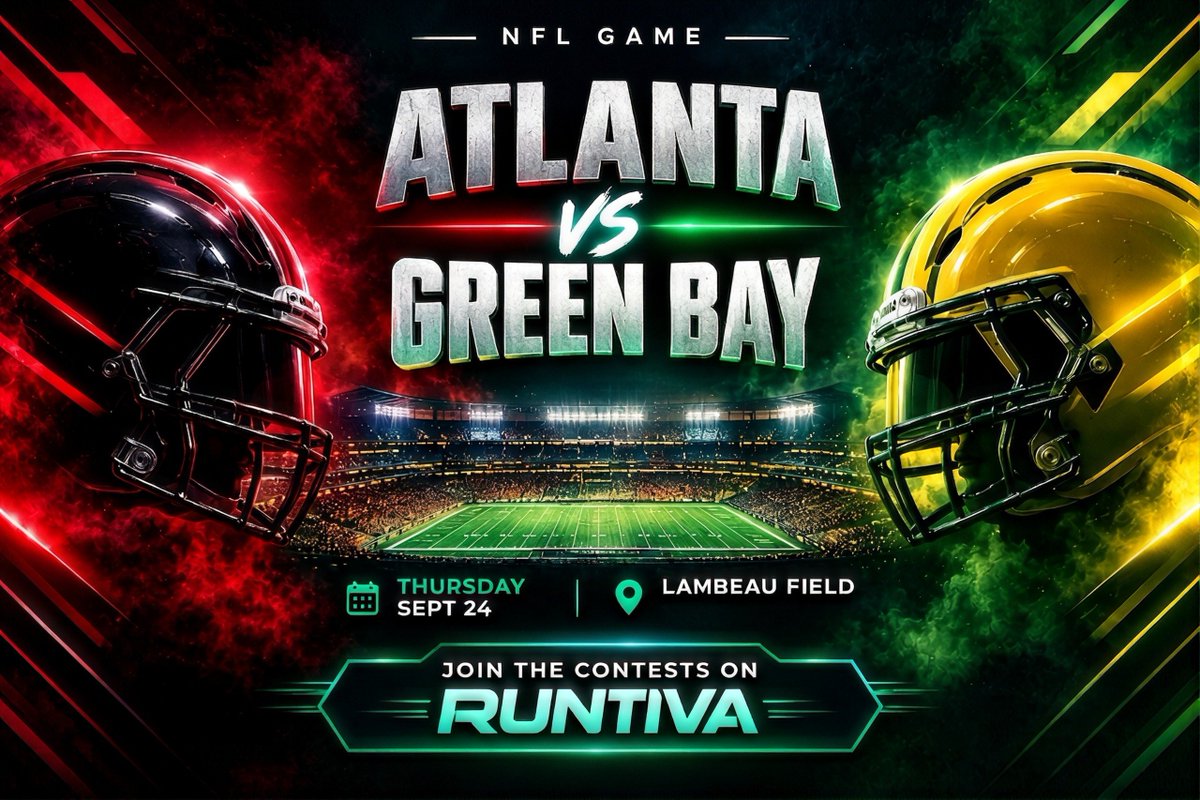 runtiva's tweet photo. Atlanta vs. Green Bay. Thursday, Sept 24. 🏟️ Lambeau Field.   Don't just watch from the sidelines. Get in on the NFL game action and join the contests on Runtiva. Draft your squad and climb the leaderboard!   Play now: https://t.co/afvdkryuR7 #Runtiva #FantasySports #ATLvsGB https://t.co/nptwG8SzRl