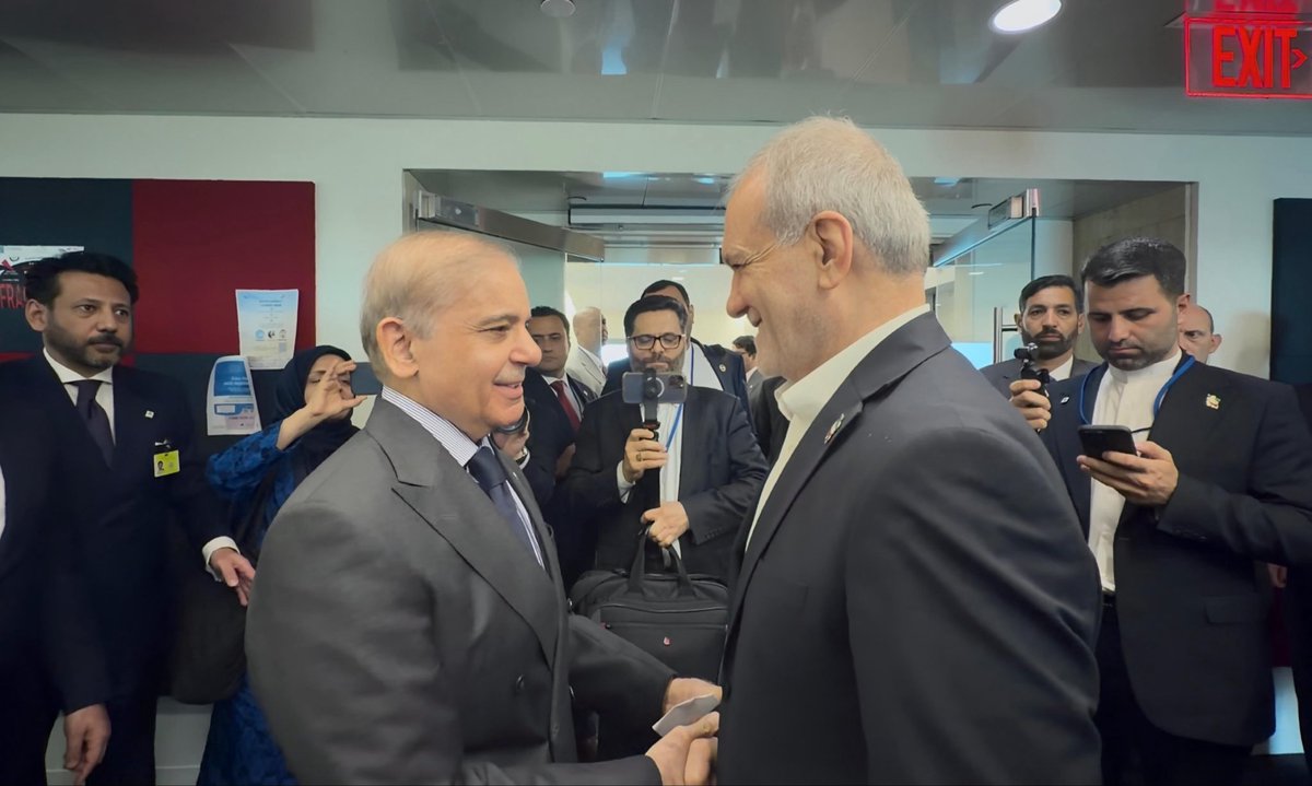CMShehbaz's tweet photo. It was a pleasure to meet my dear brother, President Dr. Masoud Pezeshkian, in New York today on the sidelines of UNGA.

We reaffirmed the deep and longstanding bonds between Pakistan and Iran and our shared desire to further strengthen bilateral cooperation across all areas of mutual interest.

We also had an important exchange on the evolving regional situation. I reiterated Pakistan’s deep concern over the prolonged conflict and stressed the urgent need for restraint, de-escalation and sustained diplomacy. We remain committed to building on the Islamabad Memorandum of Understanding and will continue to play a sincere and constructive role in the pursuit of lasting peace and stability in the region.

I deeply value President Pezeshkian’s commitment to Pakistan-Iran friendship and our close coordination for regional peace  at this critical juncture.