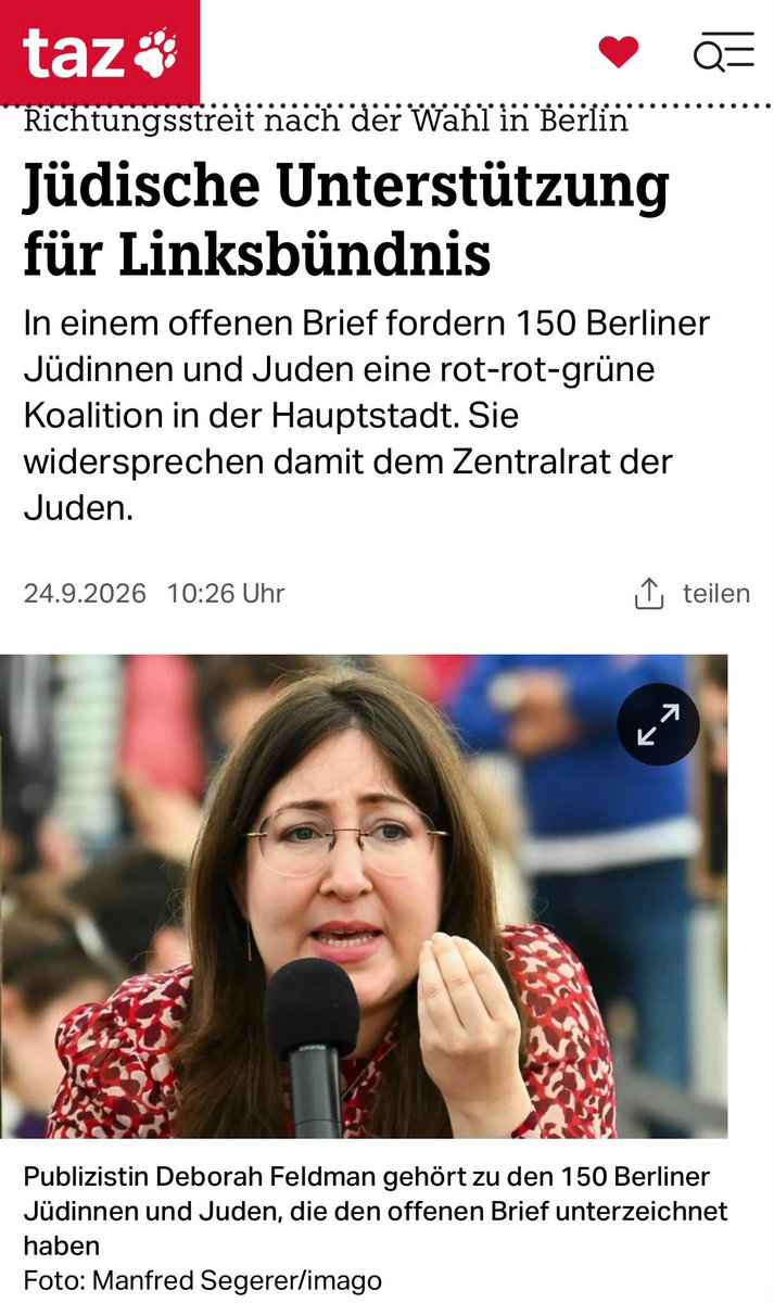 IsraelinGermany's tweet photo. Wie beruhigend. 150 Unterschriften – und schon ist das Antisemitismusproblem der Berliner Linken offenbar verschwunden.

Nur wenige Tage nach Jom Kippur wäre vielleicht etwas weniger Selbstgerechtigkeit und etwas mehr Selbstreflexion angebracht.

„Jalla, Jalla, Intifada“, Todesrufe gegen israelische Soldaten und immer neue antisemitische Grenzüberschreitungen werden nicht dadurch harmloser, dass man einen offenen Brief unterschreibt.

Jüdisches Leben ist vielfältig. Natürlich. Aber 150 Stimmen sprechen ebenso wenig für „die Juden“ wie irgendeine andere einzelne Gruppe.

Antisemitismus von rechts, aus islamistischen Kreisen und von links muss beim Namen genannt werden – ohne Relativierung, ohne Ausreden und ohne politische Scheuklappen.

Eine Brandmauer gegen Antisemitismus hat keine bevorzugte Himmelsrichtung.