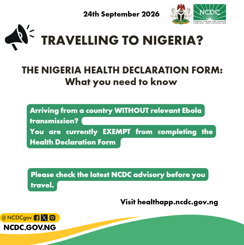 NCDCgov's tweet photo. CLARIFICATION ON THE HEALTH DECLARATION FORM FOR TRAVELLERS

Travelling to Nigeria? Here is what you need to know ➡️

If you are arriving from a country without relevant Ebola transmission, you are currently EXEMPT from completing the Health Declaration Form. 

The Nigeria Civil Aviation Authority (NCAA) has communicated the updated requirements to airlines and relevant aviation service providers.

Before you travel, please check the latest NCDC advisory for current guidance:

https://t.co/O1O9m5IYOW