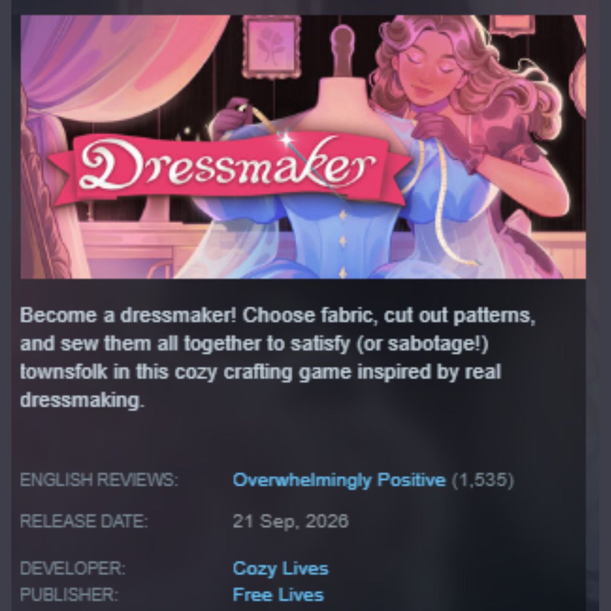 Dexerto's tweet photo. A game where you design and sew your own dresses broke into Steam's top 10 best-selling games

It has a 96% positive rating and beat out bigger titles like Diablo 4 and Control Resonant before dropping back down https://t.co/GdXpUyRGOF