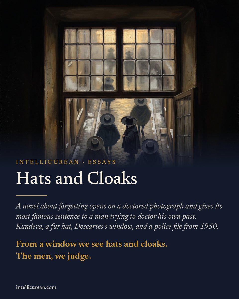 Intellicurious's tweet photo. HATS AND CLOAKS - AN INTELLICUREAN ESSAY
Prague, February 1948. A leader speaks from a balcony; a comrade in a fur hat stands beside him. Four years later the comrade is hanged and painted out of the photograph. The hat, Kundera wrote, stayed on the leader's head. https://t.co/IBdKCuT1Sv
