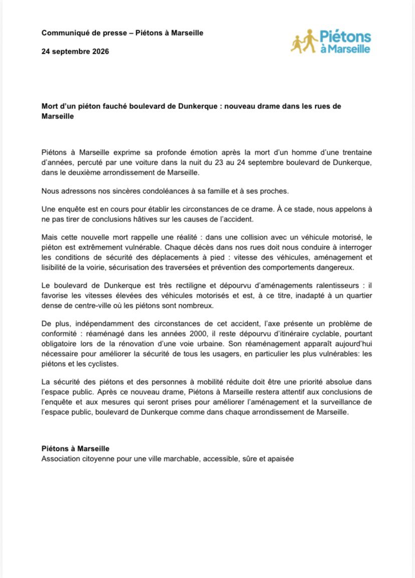 PietonsMars's tweet photo. Piétons à Marseille exprime sa profonde émotion après la mort d’un homme d’une trentaine d’années, percuté par une voiture dans la nuit du 23 au 24 septembre boulevard de Dunkerque.

Nous adressons nos sincères condoléances à sa famille et à ses proches. https://t.co/oYh216cuPS