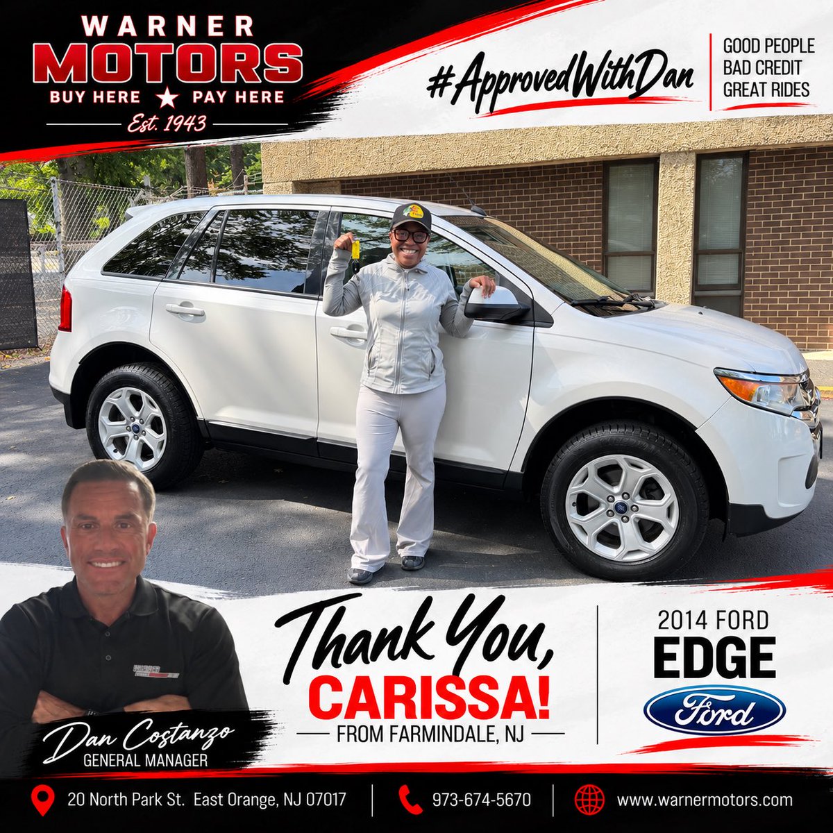 WarnerMotorsInc's tweet photo. ๐ Congratulations to Carissa from Farmingdale, NJ on the purchase of her 2014 Ford Edge! ๐๐
Another great customer APPROVED at Warner Motors! Helping good people with bad credit get into great rides.
#WarnerMotors #BuyHerePayHere #BadCreditNoProblem #ApprovedWithDan https://t.co/tW62Eessan