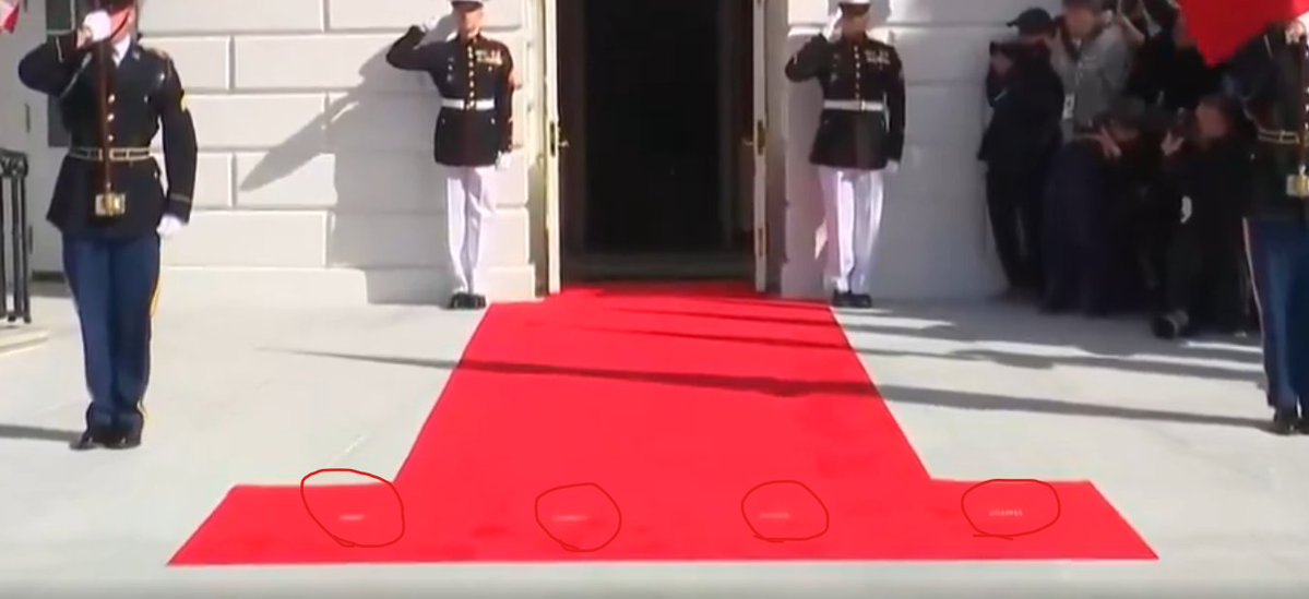 ShumiNox's tweet photo. Do you see those white lines in the red carpet ? they are there for them to stand on, left to right, Xi's wife, Xi, Trump, Melania. He and Melania are walking towards their designated places... There is a ton of things you can shit on trump for, but this is definitely moronic. Stop being a bitch for every step he does, and start focusing on the REALLY BAD stuff he does, this will only poison the well and make normal people think that you have TDS