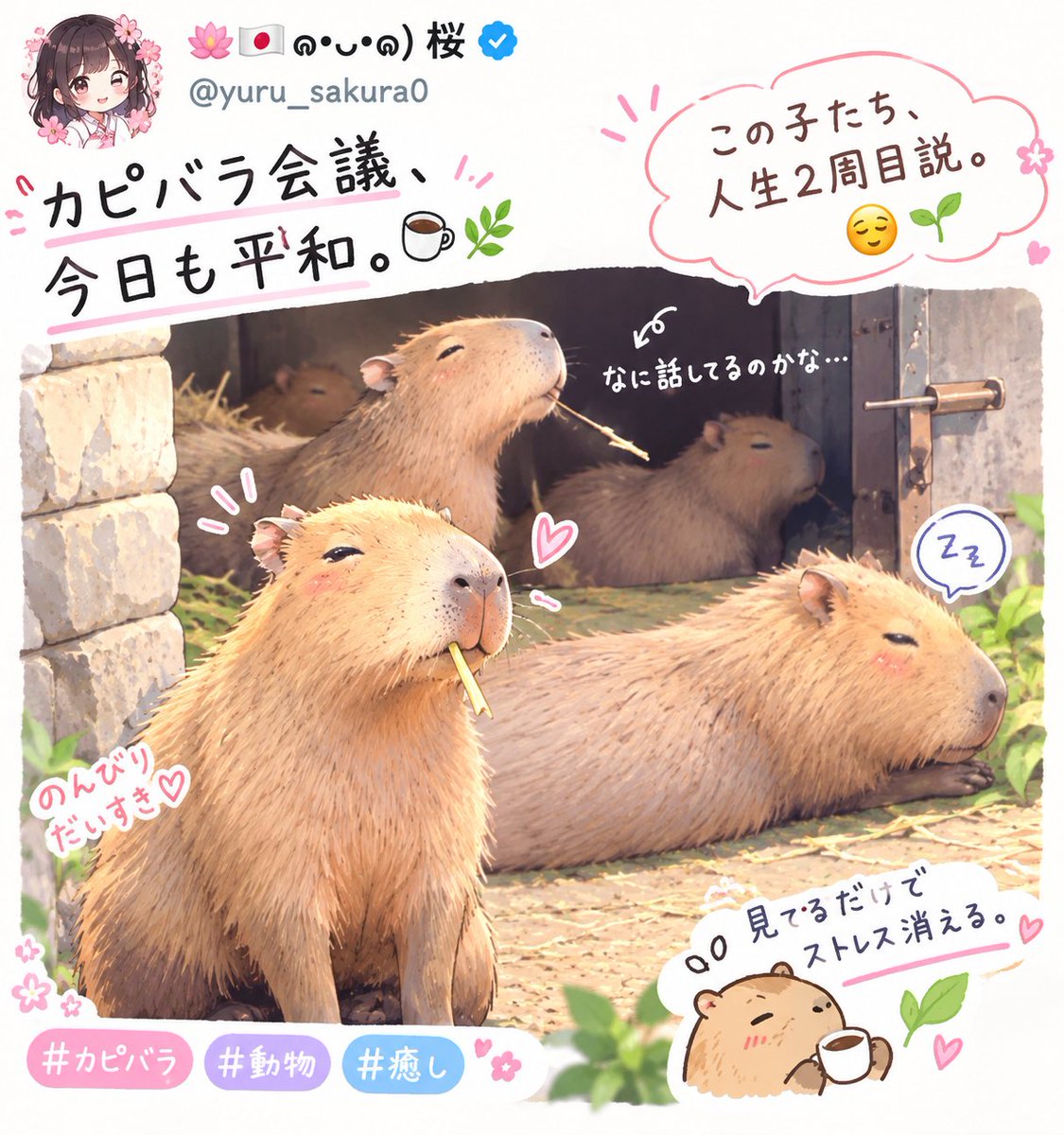 yuru_sakura0's tweet photo. カピバラ会議、今日も開催中。
いったい何を話しているんだろう…🤔💭
#イラスト #癒し #動物 https://t.co/ivh4lP8lO2