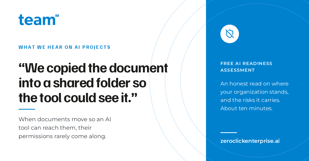 TEAMInformatics's tweet photo. "We copied the document into a shared folder so the tool could see it."

If you've heard that on an AI project, the permissions came off on the way in.

Our free AI Readiness Assessment takes about 10 minutes and shows you what else is exposed.

https://t.co/7FKWJeqfYh https://t.co/53JAgQK1C3