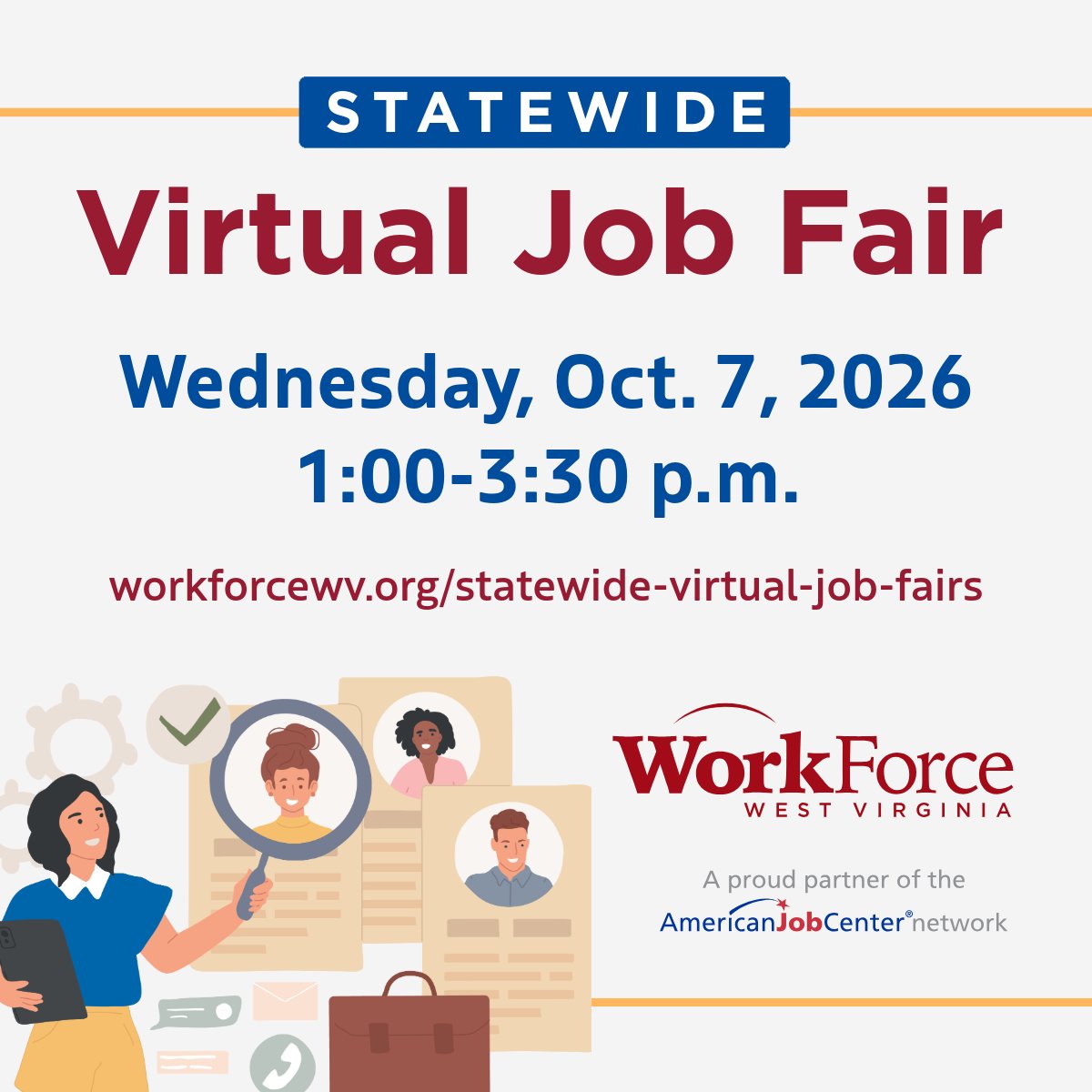 workforcewv's tweet photo. 💬 Don't miss the WorkForce WV Statewide Virtual Job Fair on October 7 from 1:00-3:30 p.m.! Dress for success, find a calm spot, and connect with top employers. Register today and take the first step to your new career! https://t.co/vtyr3aQ2qO https://t.co/RhcO9QPQYb