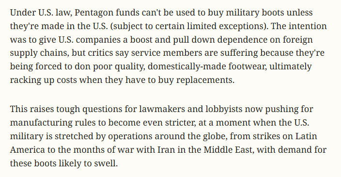 scottlincicome's tweet photo. US law requires the Pentagon to buy only American-made boots for US soldiers. 

When the Marines went to Norway for 2026 NATO Cold Response exercises, their patriotic boots fell apart.

So, the shoeless soldiers went & bought Norwegian boots. They worked fine.

Lessons abound.