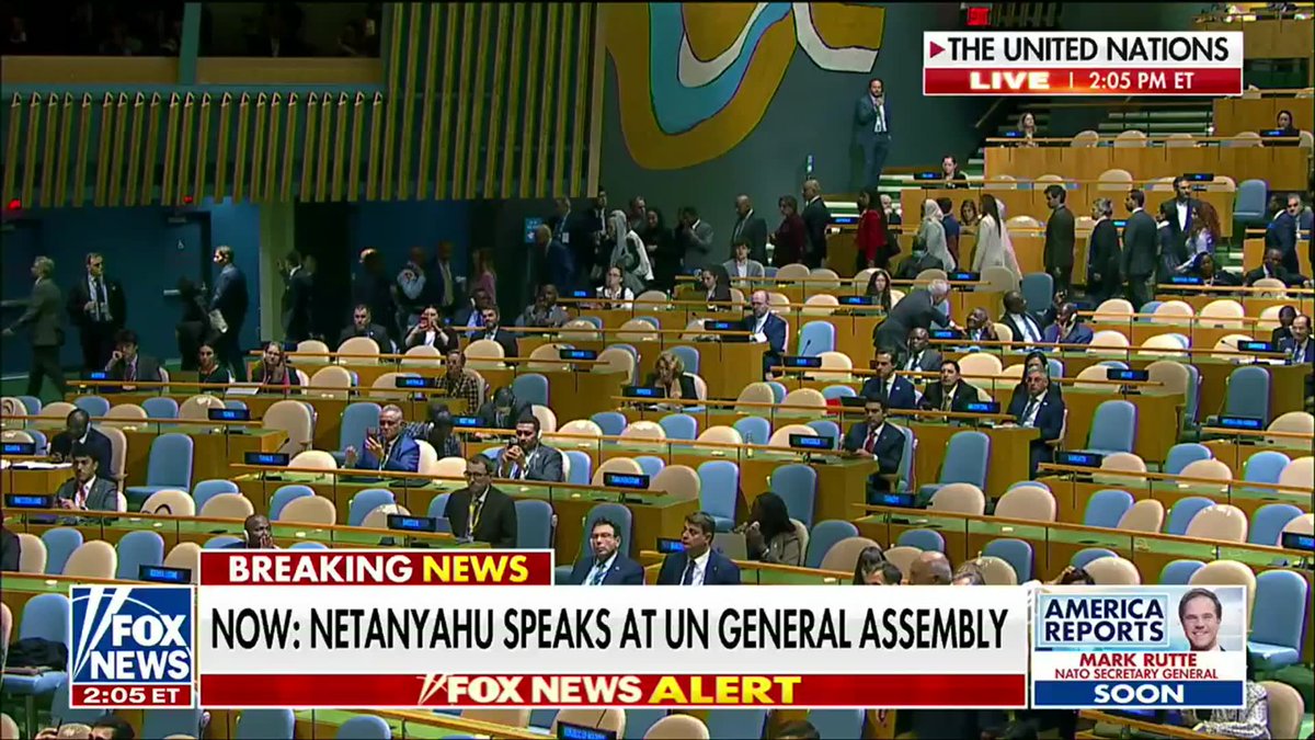 A Fox News broadcast at 2:05 PM ET shows the United Nations General Assembly hall with delegates walking out, as the "BREAKING NEWS" ticker announces "NOW: NETANYAHU SPEAKS AT UN GENERAL ASSEMBLY," accompanied by an "AMERICA REPORTS" promo for an upcoming interview with Mark Rutte.