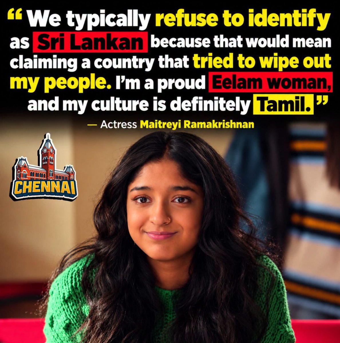 memeschennai's tweet photo. Actress Maitreyi Ramakrishnan says she does not identify as Sri Lankan, citing the country’s history of conflict with her people.

“I’m a proud Eelam woman, and my culture is definitely Tamil.”

#MaitreyiRamakrishnan #Tamil #EelamTamil #TamilCulture #Kollywood #TamilNews https://t.co/BQUceWYD9A