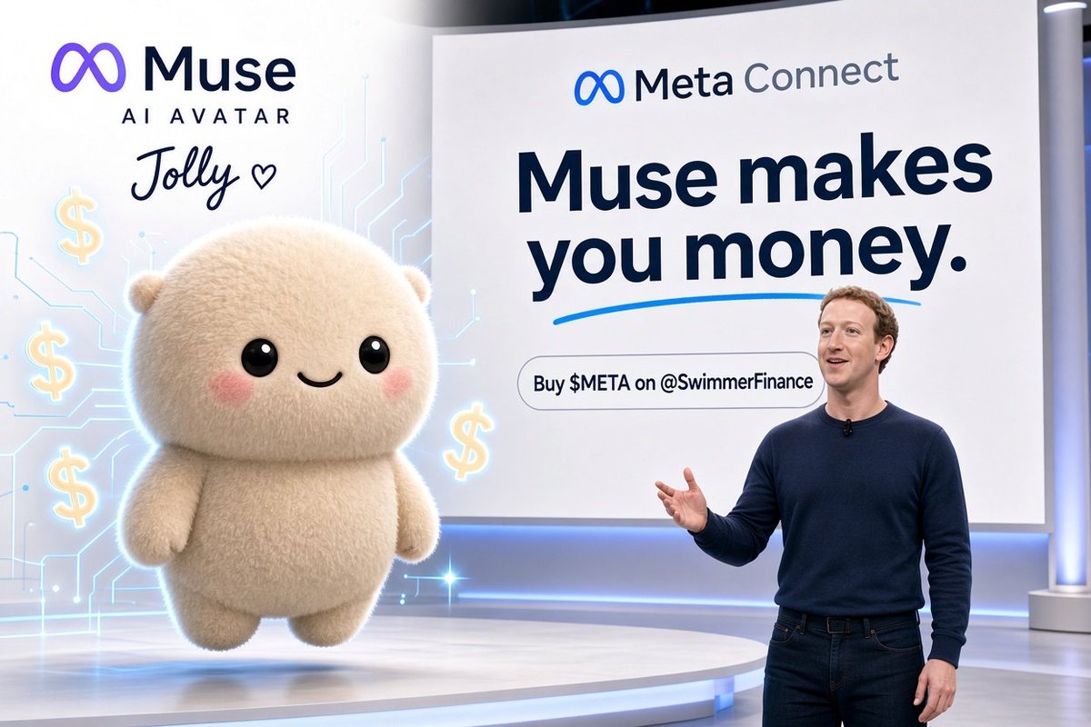 SwimmerFinance's tweet photo. At Meta Connect, @finkd Mark Zuckerberg  
and team unveiled Muse AI,
the personal agent powered by Jolly,
the fluffy cutie that’s already turning heads.  

“Muse makes you money.”  
Solid product, real utility, hot trend,
and $META is ripping higher on the news 

Are you bullish about Meta from here?
Will they win over other AI companies including
OpenAI, Google Gemini, Claude, and more?

Buy $META on @SwimmerFinance
One company, seven blockchains. NFA, DYOR
