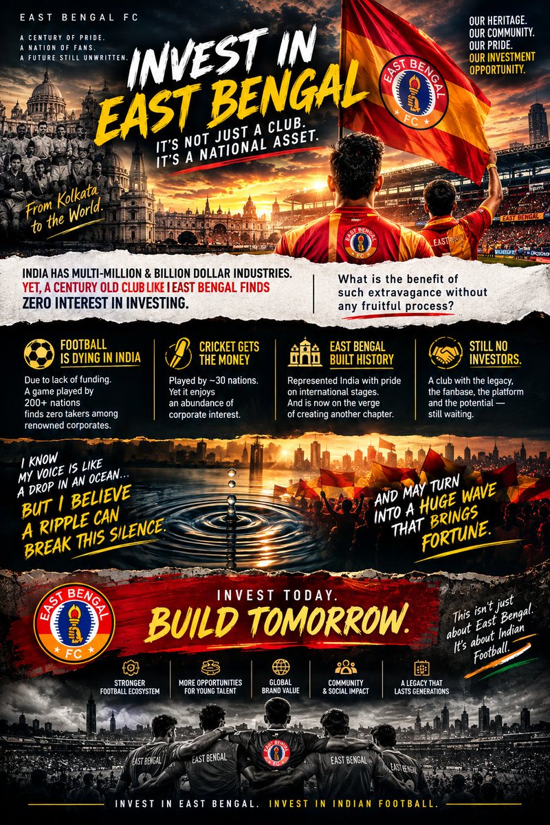 Kishan_Samanta's tweet photo. This isn’t just about East Bengal. It’s about what Indian football deserves.
A century-old club. A massive legacy. A country full of corporate giants. Yet serious investment remains elusive.
I know my voice is a drop in the ocean. But every wave begins with a ripple. 🔴🟡 https://t.co/y6jRDuRZF5