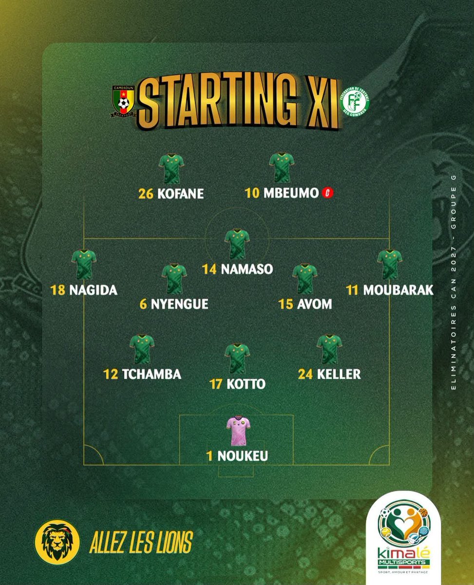 WeekendSL's tweet photo. Les #LionsIndomptables prêts à rugir 🦁 

Voici le XI entrant 🇨🇲🇨🇲🇨🇲

#CAN2027 #Cameroun #Comores https://t.co/ushJSTcC58