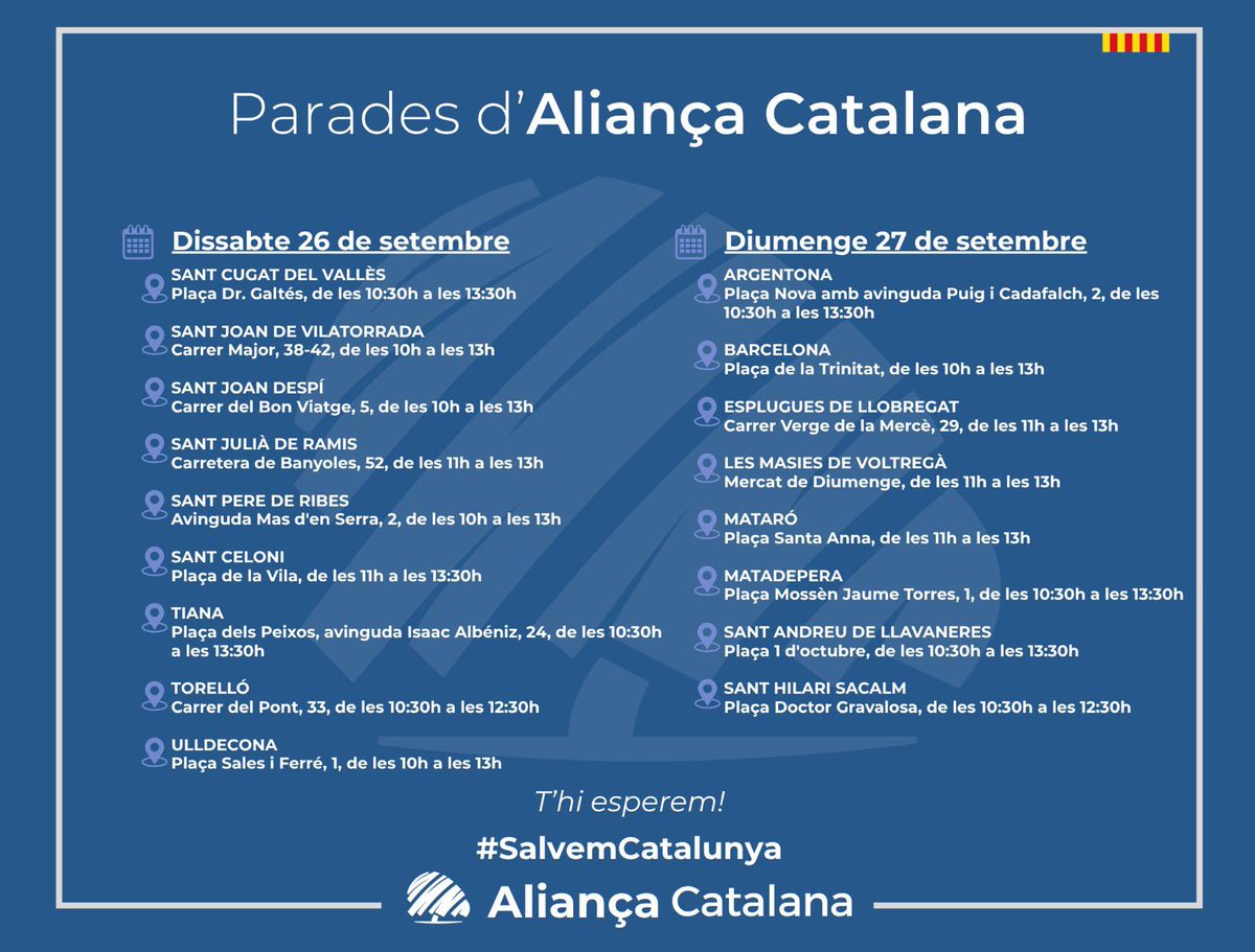CatalunyaAC's tweet photo. Aliança Catalana no s’atura!

Aquest cap de setmana, tornem als carrers.

Us esperem a les nostres parades informatives arreu del país!

💙 #SalvemCatalunya https://t.co/xxnjcIJ9uh