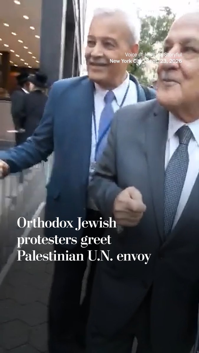 Two older men in suits walk together, with text overlay reading 'Orthodox Jewish protesters greet Palestinian U.N. envoy' and 'Voice of Jews via Storyful New York City | Sept. 23, 2026'.