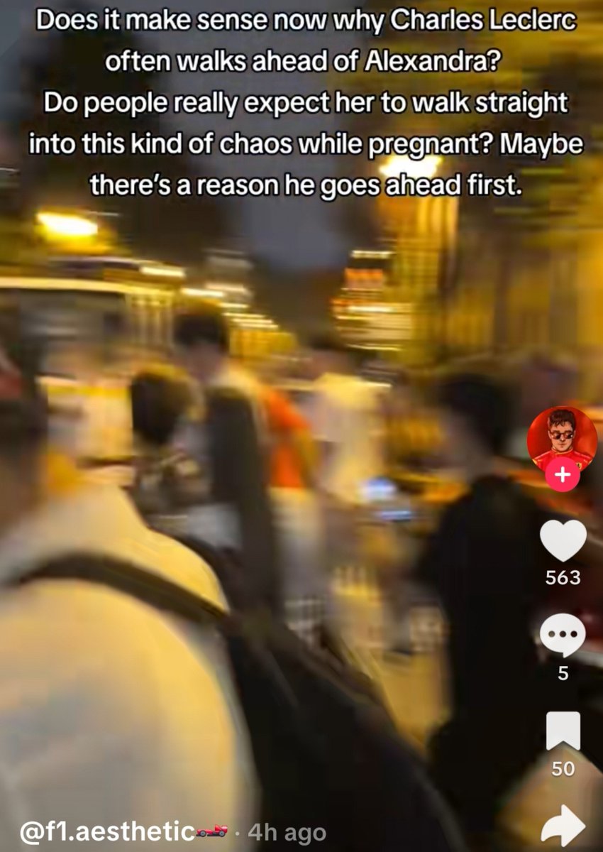 leclercsletters's tweet photo. last night a video came out of charles trying to leave a restaurant and being mobbed by fans and having to literally run away from them

today alexandra liked a post about it on tiktok that said "Does it make sense now why Charles Leclerc often walks ahead of Alexandra? Do people really expect her to walk straight into this kind of chaos while pregnant? Maybe there's a reason he goes ahead first."