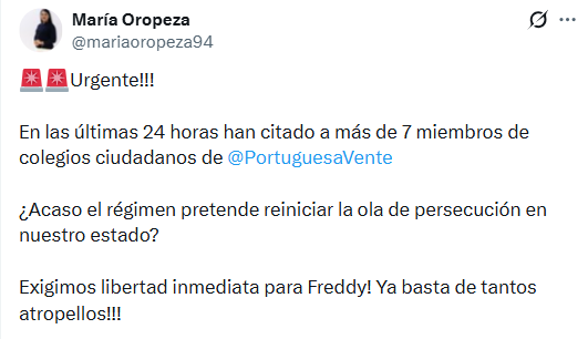 la_katuar's tweet photo. #URGENTE | Denuncian que el régimen citó a integrantes de colegios ciudadanos de Vente en el estado Portuguesa 

@mariaoropeza94 hace la alerta y exige libertad inmediata para Freddy Peñuela que fue secuestrado en las últimas horas 

Detalles EN VIVO: https://t.co/vC7LHBoZvd https://t.co/QirU5ivpws
